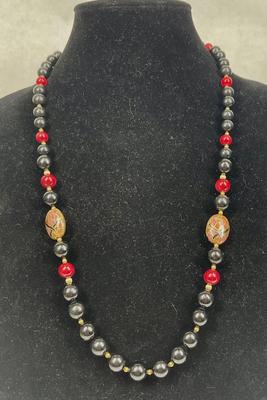 Stone Beads and Cloisonne Charms Necklace Vintage Black Red Gold Jewelry