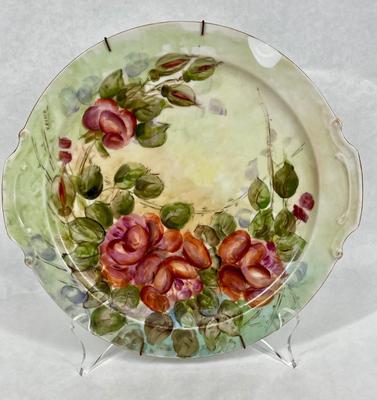 Vintage Cake Handled Plate Hand Painted Pink Flowers on Green Background