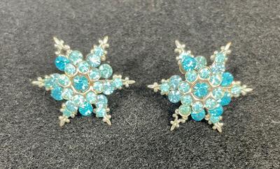Blue Snowflake Rhinestone Clip-on Earrings