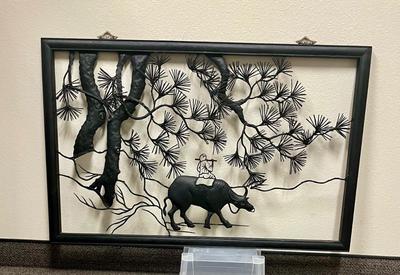 Hanging 3D Black Wall Sculpture Pine Trees with Oxen Float Framed