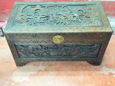 Heavily Carved Chinese Vintage Camphor Wood Chest