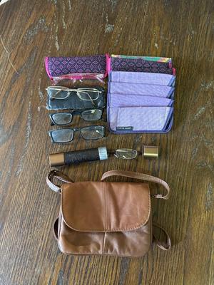READER GLASSES AND LEATHER PURSE