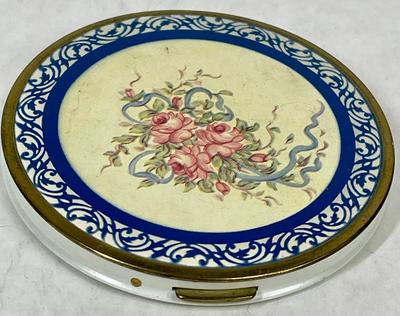 Round Vintage Powder Compact with Mirror Pink Roses with blue Ribbon 4