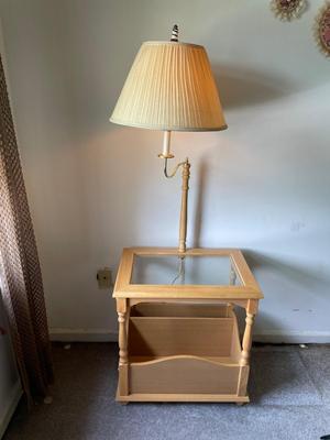 Glass Top Table W/Lamp and Newspaper / Magazine Stand