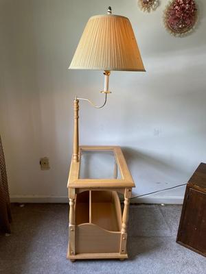 Glass Top Table W/Lamp and Newspaper / Magazine Stand