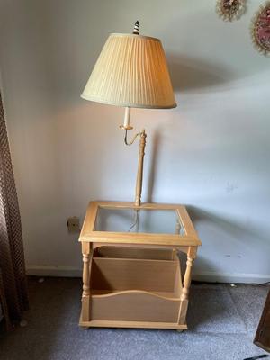 Glass Top Table W/Lamp and Newspaper / Magazine Stand