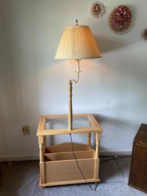Glass Top Table W/Lamp and Newspaper / Magazine Stand