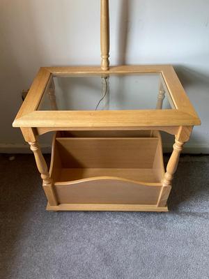 Glass Top Table W/Lamp and Newspaper / Magazine Stand