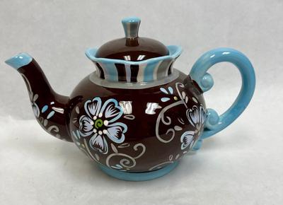 Pier One Teapot Pottery Floral pattern brown & turquoise