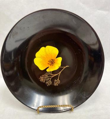 Courier Giftware of Monterey CA Black Lacquer Bowl with Hand-painted Yellow Flower Poppy