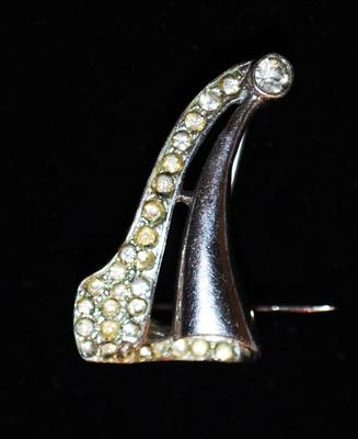 Antique STERLING SILVER .925 Harp-Style Brooch with Clear Stones 1⅛