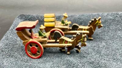 Pair of Vintage Painted Wood Horse and Cart Miniatures