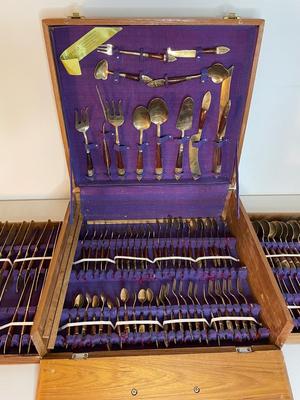 Vintage Siam Buddha Thailand - 156 Piece Brass Flatware Set and Serving Pieces