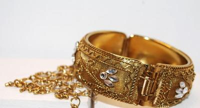 Victorian Styled Large Gold Cuff Bracelet with Clear Stones Band & Dangles 2½