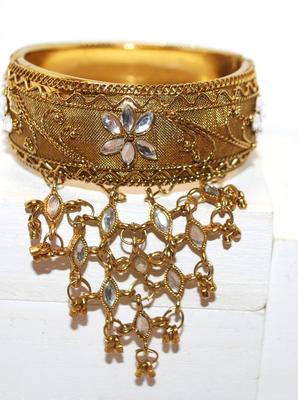 Victorian Styled Large Gold Cuff Bracelet with Clear Stones Band & Dangles 2Â½