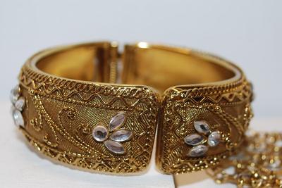 Victorian Styled Large Gold Cuff Bracelet with Clear Stones Band & Dangles 2Â½