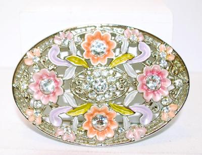 Pink & Purple Flowered Belt Buckle with Lots of Sparkle Clear Stones 3½