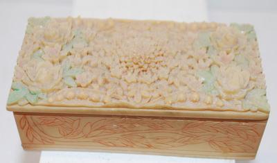 Heavy Engraved Flower Design Alabaster-Styled Trinket Box 3¾