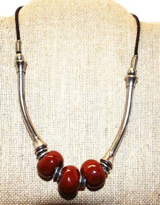 Metal Side-Braced Necklace with Ceramic Brown Spheres Size 13