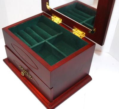 Cherry Finish Jewelry Box with Upholstered Top, Mirror & Drawer 8
