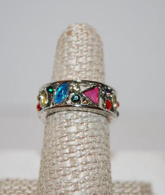 Size 6Â¾ Multi-Shaped Very Colorful Varieties of Stones Ring on a Silver Tone Solid Band (6.1g)
