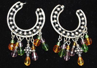 Horseshow Shape Post Earrings Pair with Colored Bead Dangles 2¼
