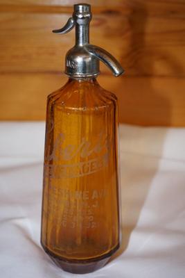 ANTIQUE SELTZER BOTTLE AMBER "LIBERTY BEVERAGE" 12"