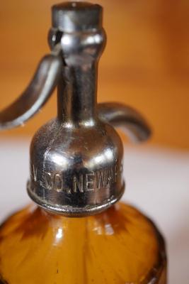 ANTIQUE SELTZER BOTTLE AMBER "LIBERTY BEVERAGE" 12"