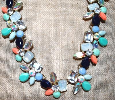 "CREW" Brand Necklace with Coral, Aqua, Black, Clear Stones in a Flower Pattern 20" L