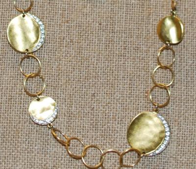 Gold Hammered Discs Wrap-a-Round Necklace with Half-Moon Clear Stones on Each Disc 40