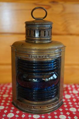 DIETZ BRASS MARI TIME LANTERN W/ ORIGINAL BLUE RIBBED GLOBE