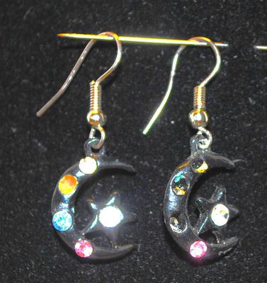 Star and Crescent Moon Earrings with Multi-Color Stone Accents Â¾
