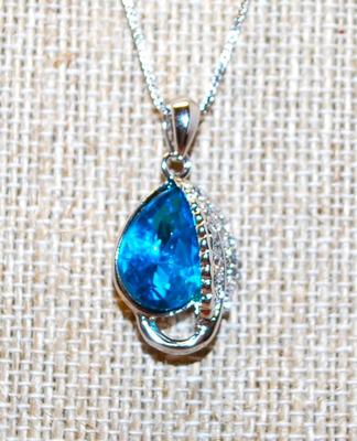 .925 Silver Blue Teardrop Stone & Clear Stones Accent Leaf PENDANT (1