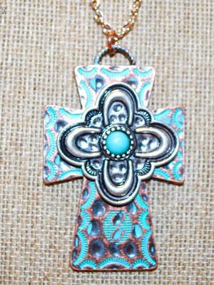 Turquoise Styled Hammered Cross PENDANT (2Â¼