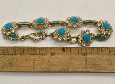 Turquoise Blue Stones and Rhinestones in Gold Tone Bracelet