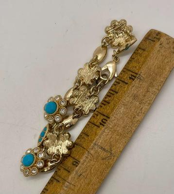 Turquoise Blue Stones and Rhinestones in Gold Tone Bracelet