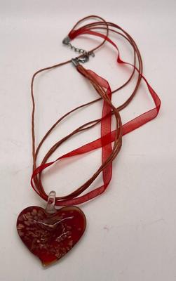Red Ribbon Necklace Heart Shaped Glass Pendant