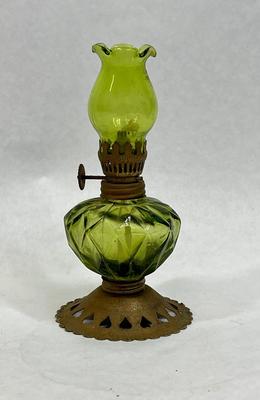 Rare Tiny Oil Lamp Green glass and brass unknown maker