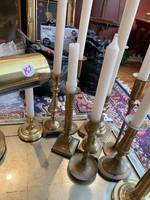 Set of Brass Candlesticks and Desk Lamp