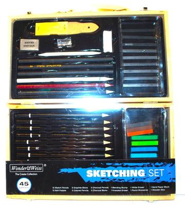 NEW 45 Pc. Art Set in Wooden Folding Carrying Case - Incl. Chalks, Pastels, Pencils, Etc.