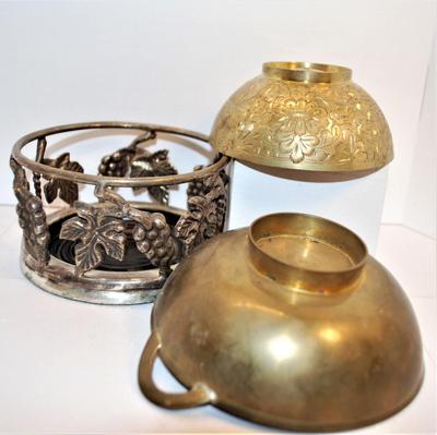 2 Brass Style Cups & Metaled Flower Design Candle/Plant Holder