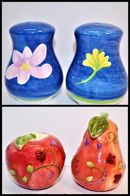 Salt & Pepper Sets - Pear & Apple Set with Vines and Flowers in Reds 3