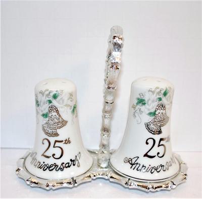 25th Anniversary Salt & Pepper Shakers Set with Metal Holder