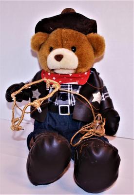 Sitting Rodeo Bear in Jeans and Checkered Shirt with Lasso