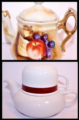 2 Teapots - Striped Teapot with Its Own Cup & Small Teapot with Grapes + Fruit