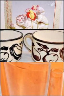 All Glass Vases 2 Pcs. & Large Vegetable Designed Cups Set of 2 & Monkey On Your Back Ceramic - Total 5 Pcs.