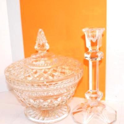 All Glass Candy Dish and Glass Candle Holder & Heavily Etched Glass Bowl - 7" H x 7" W