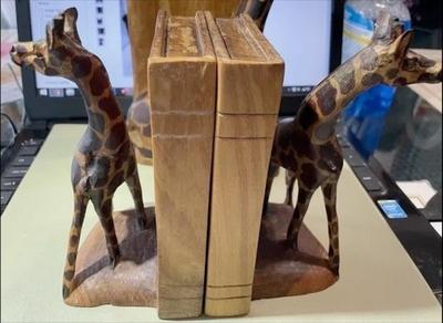 3 Vintage Hand Carved Wooden Giraffe Book Ends