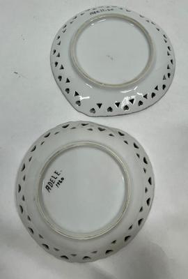 2 Vintage Porcelain Plates with Flower Designs and Silver Rim pierced with hearts