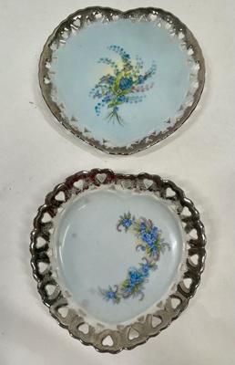 2 Vintage Porcelain Plates with Flower Designs and Silver Rim pierced with hearts